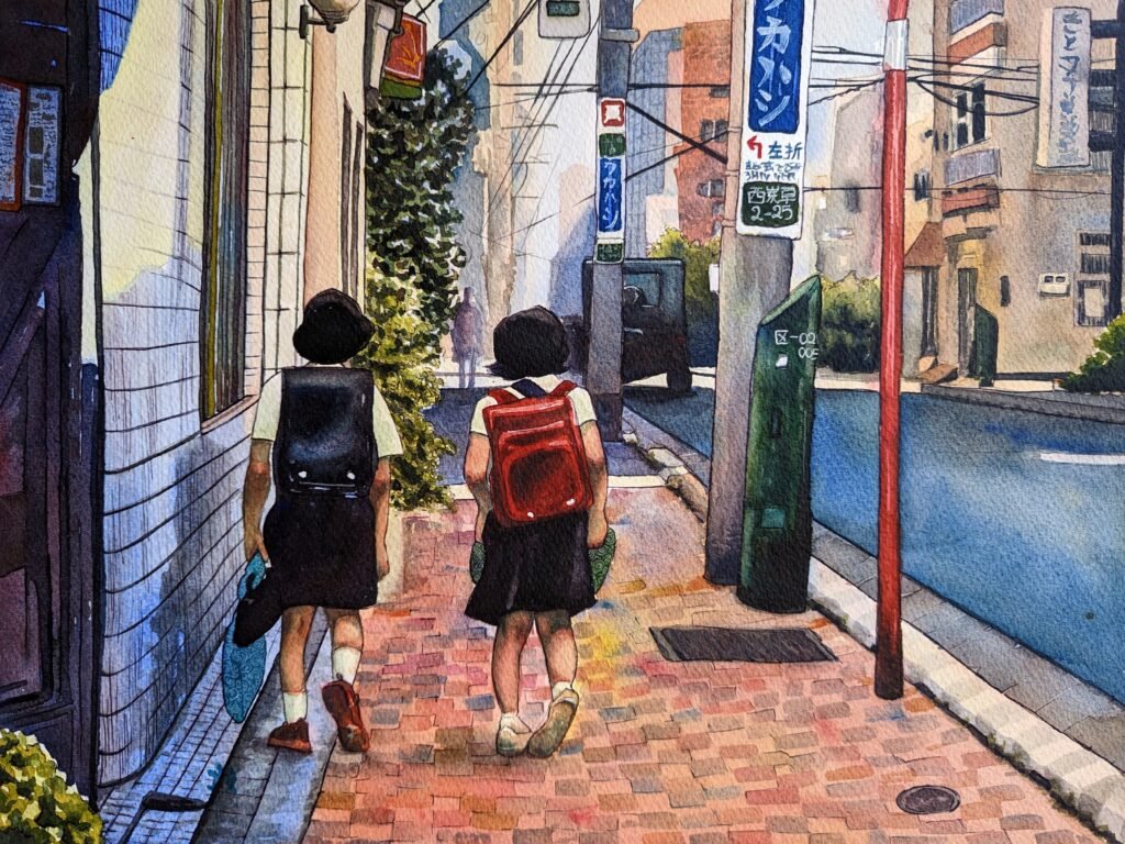 aquarelle watercolor japon écoliers