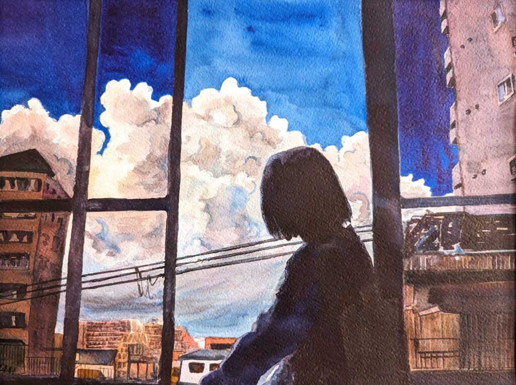 aquarelle watercolor japon girl window sky