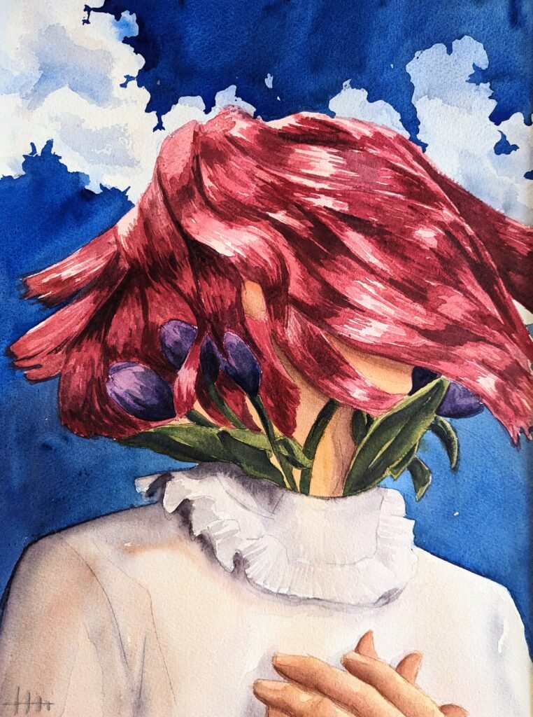 Aquarelle femme cheveux roses, illustration 